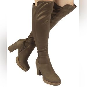 WILD DIVA GOSSIP-10 PLATFORM CHUNKY HEEL OVER THE KNEE HIGH BOOTS TAUPE SIZE 7